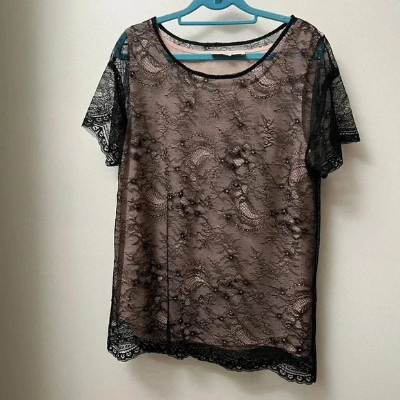 Loft black lace overlay top tee short sleeves lined medium - Picture 1 of 7